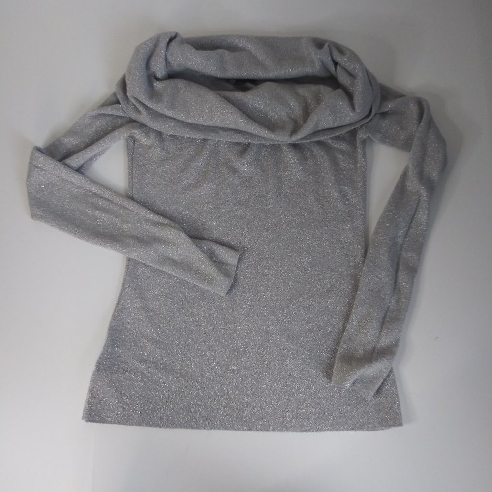 Ann Taylor Silver Metallic Knit Top Sexy Bare Shoulder Cowl Size SP EUC